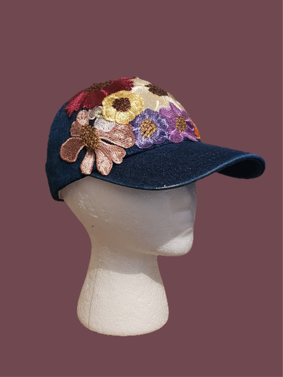 Denim Floral Embroidery Cap