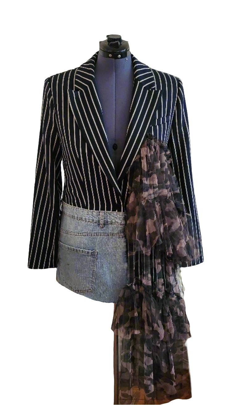 B&W Stripe Blazer with Camo Ruffle Mesh and Denim