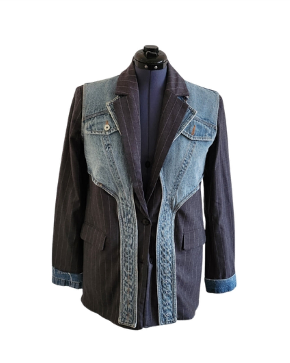 Oversized Gray Stripped Denim Vest Blazer