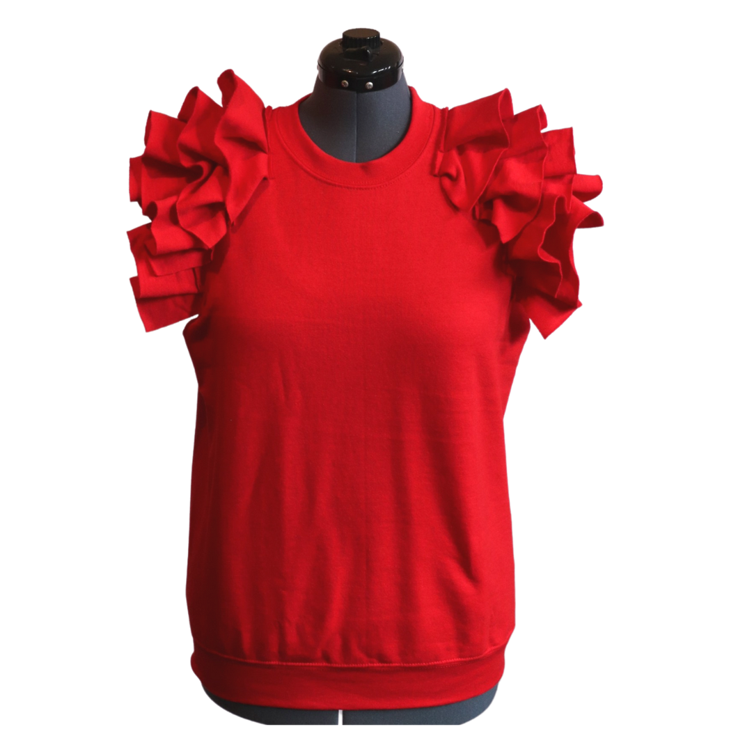 Red Sleeveless Ruffle Sweatshirt
