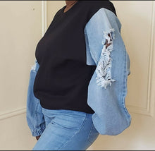 Load image into Gallery viewer, Upcycled Denim Distress Jogger Sweatshirt.
